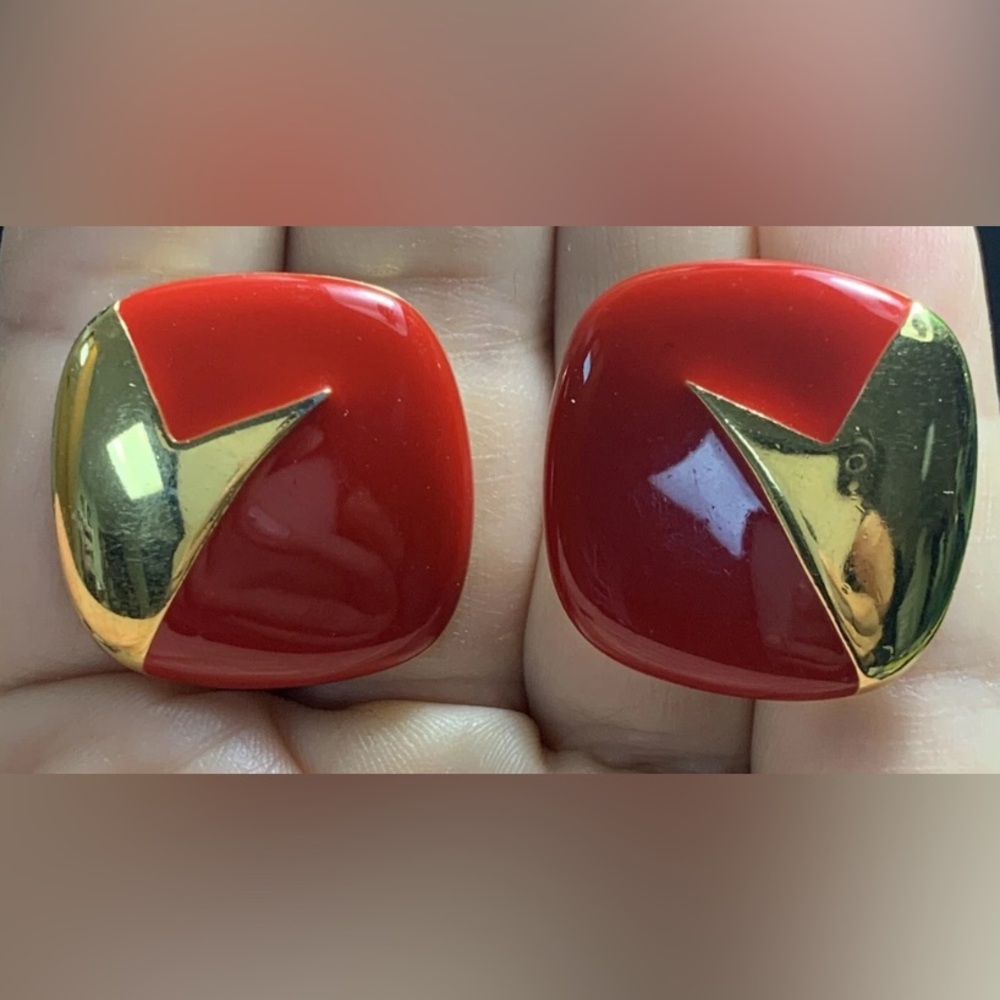 Monet Red Square Enamel Earrings Clip On Gold Tone